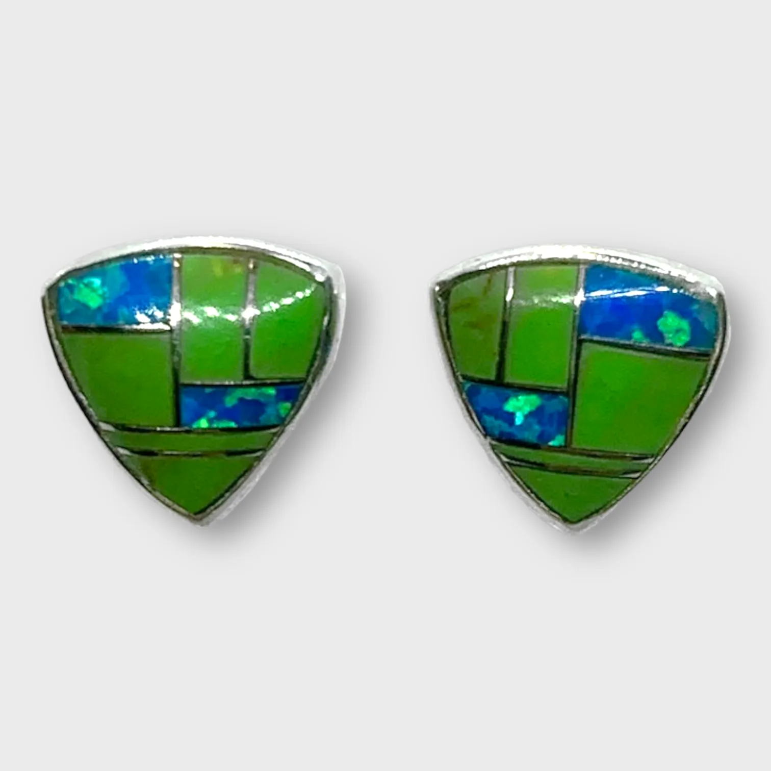 Sterling Silver Handmade Inlay Stones Shield Shape Small Stud Earrings