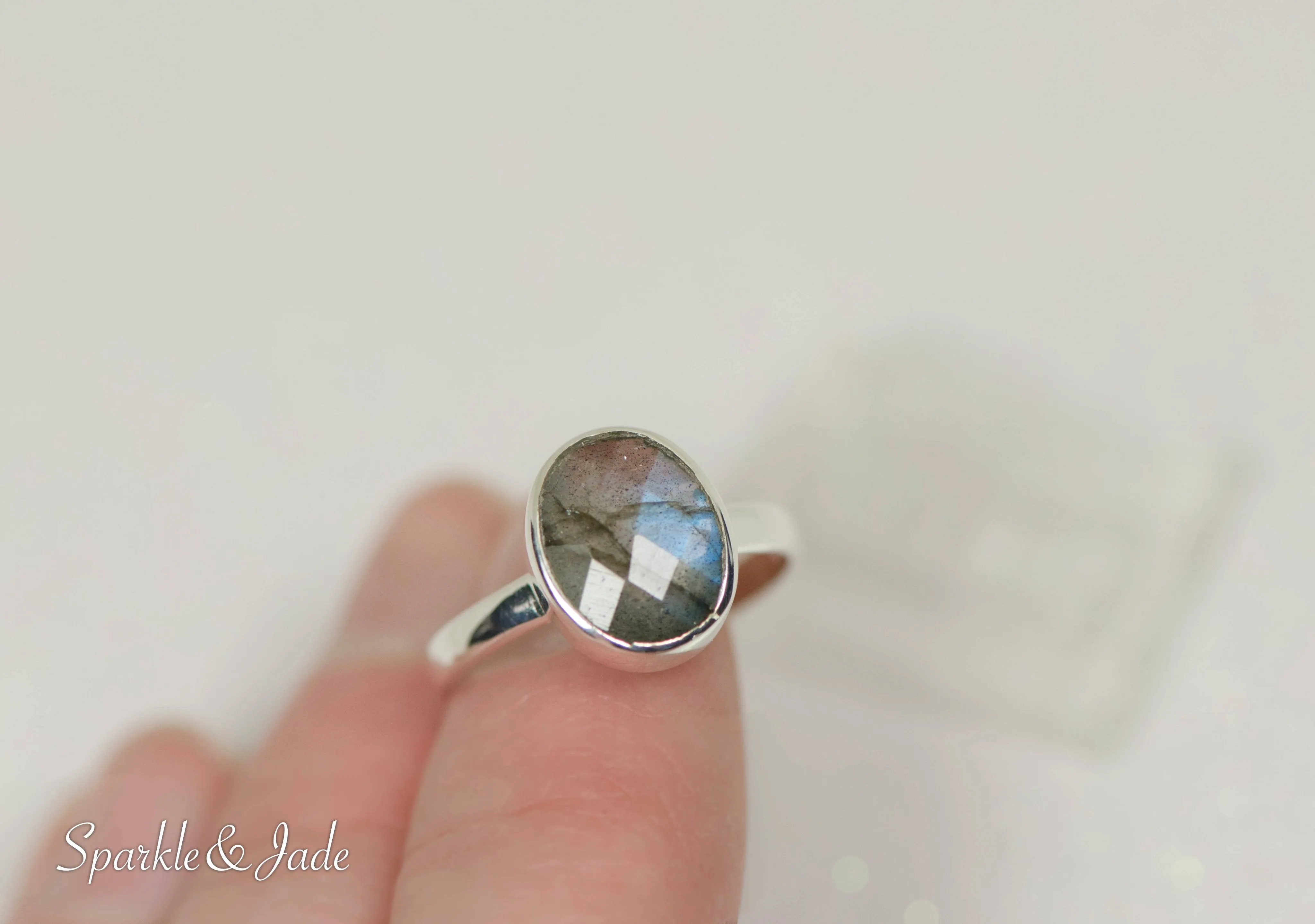 Sterling Silver Labradorite Bezel Set Oval Faceted Stackable Ring