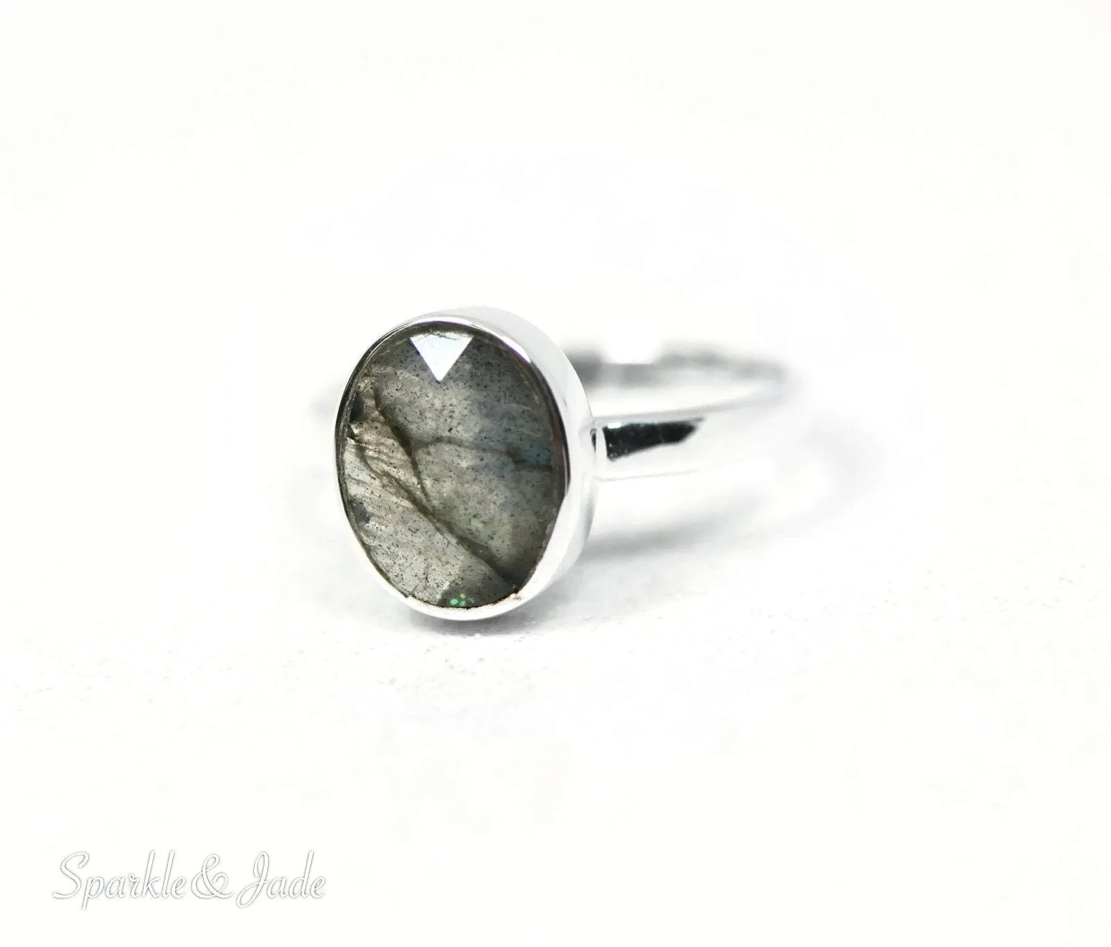 Sterling Silver Labradorite Bezel Set Oval Faceted Stackable Ring