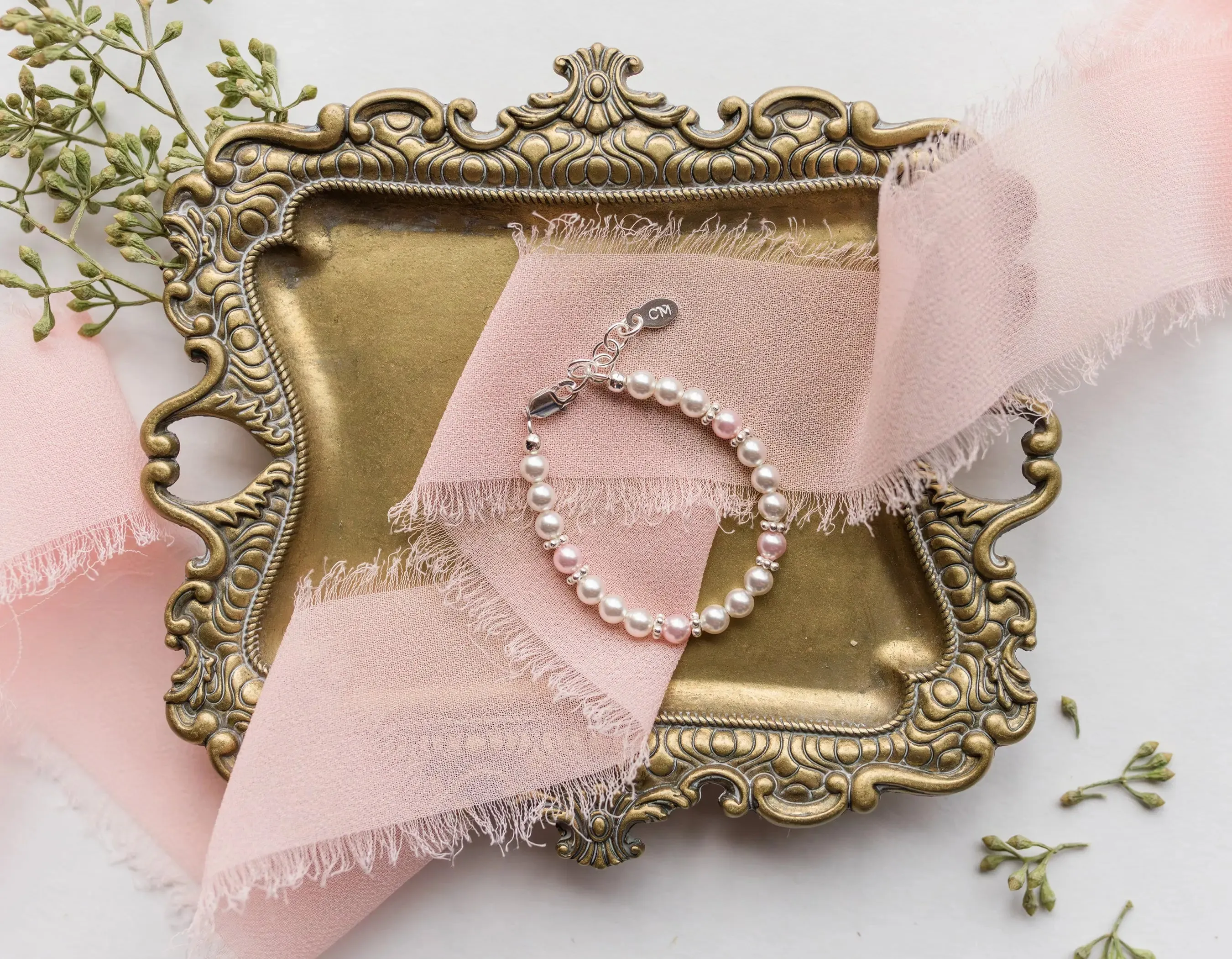 Sterling Silver Pink High-End Austrian Simulated Pearl Baby Bracelet for Babies and Little Girls