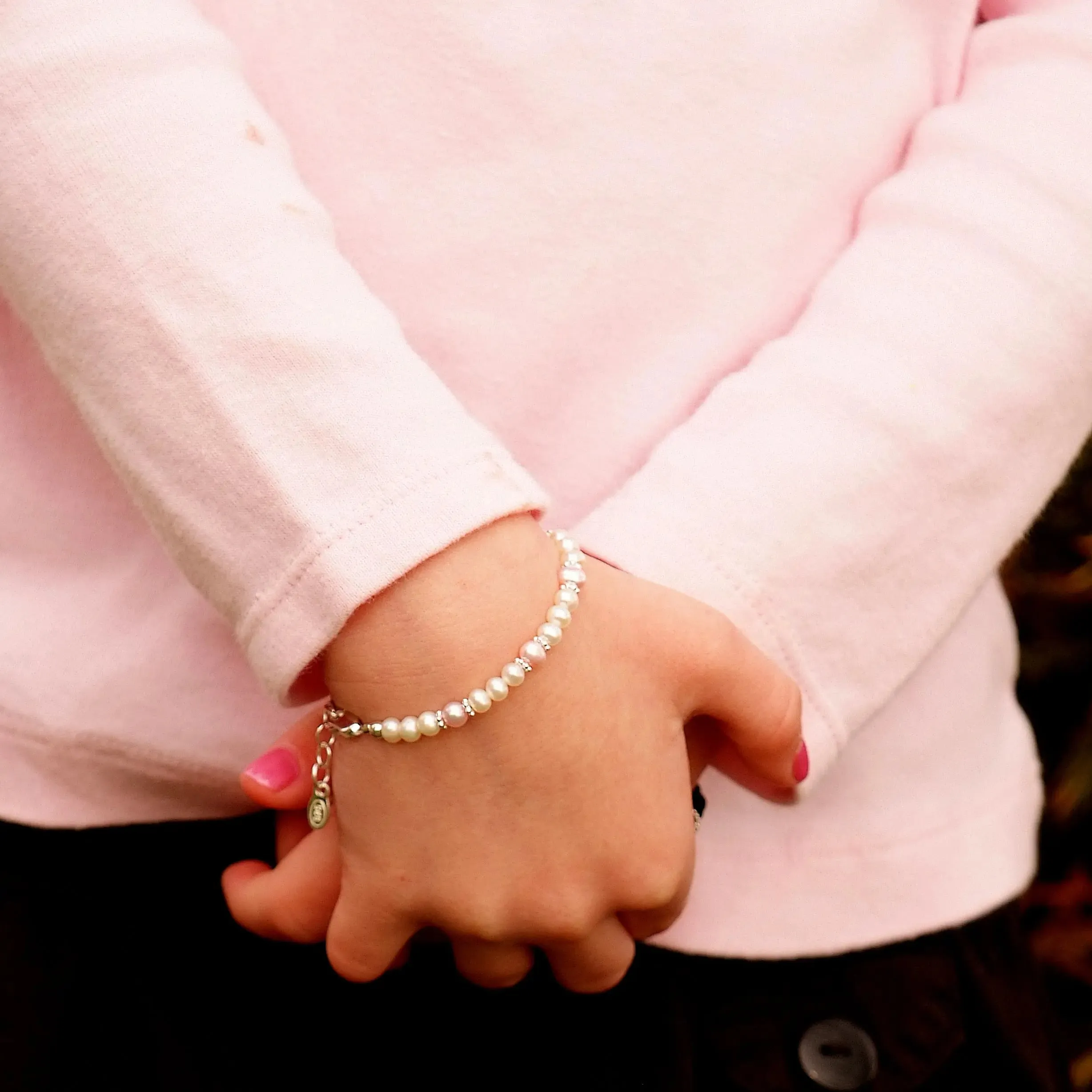 Sterling Silver Pink High-End Austrian Simulated Pearl Baby Bracelet for Babies and Little Girls