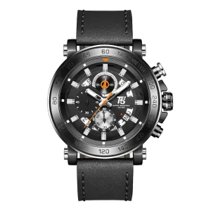 T5 Black Leather Strap Black Dial Chronograph Quartz Watch for Gents - H3742G-C