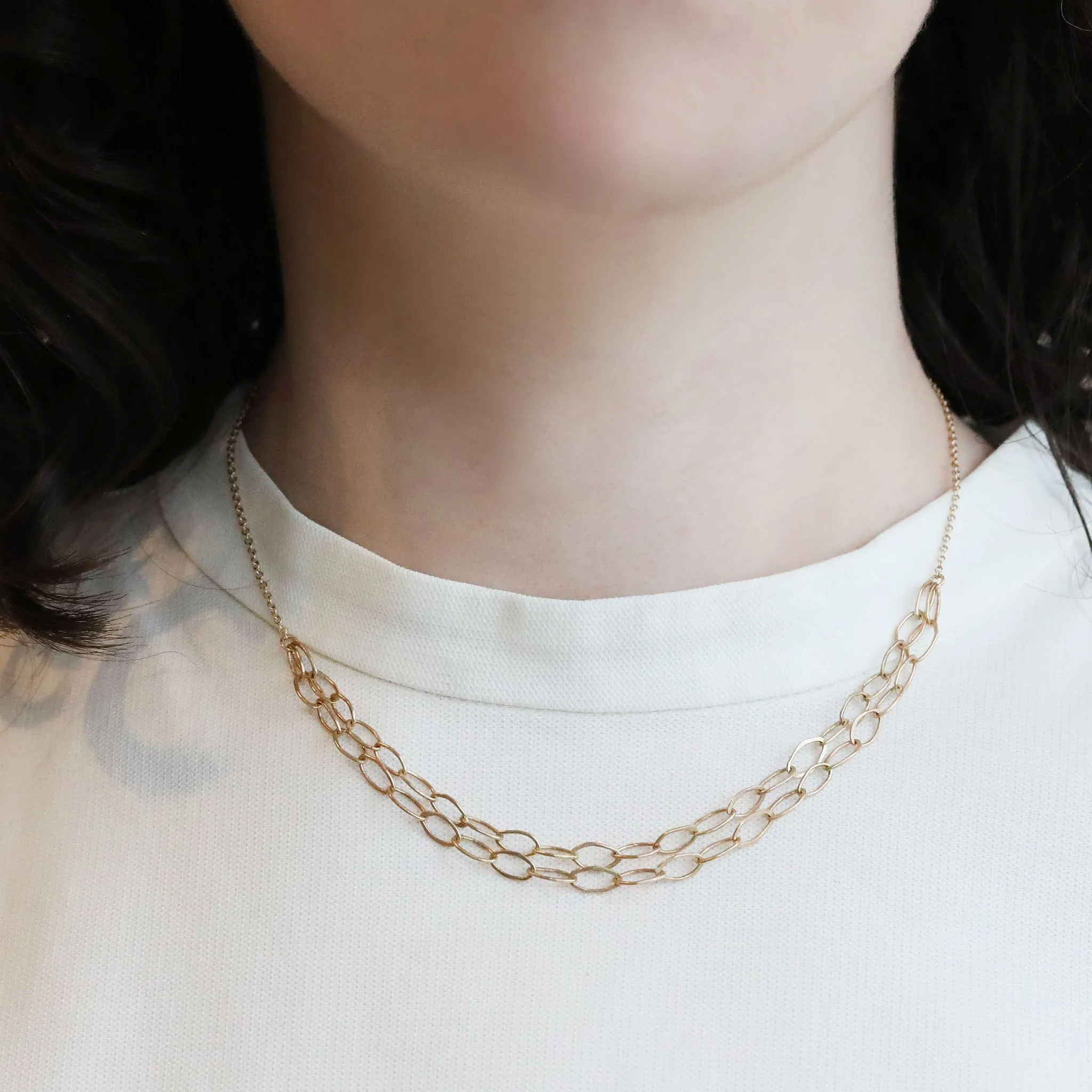 The "Fran" 14 Karat Gold Necklace with a Double Layer of Handmade Oval Chain