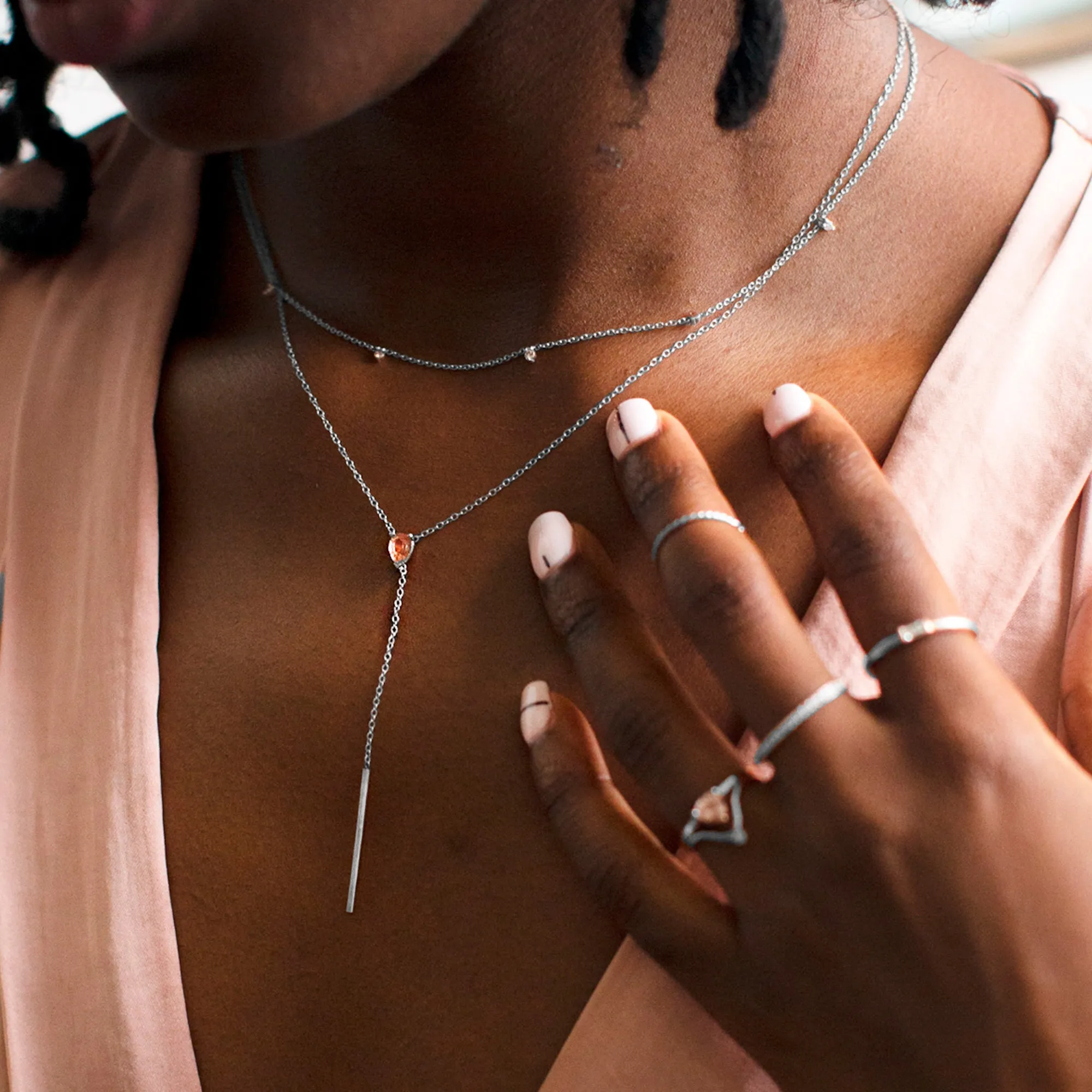 The Sunstone Gemstone Lariat Necklace | 10K White Gold