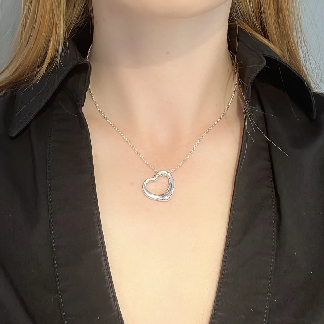 Tiffany & Co Elsa Peretti Open Heart 22mm Pendant Sterling Silver Necklace - 16"