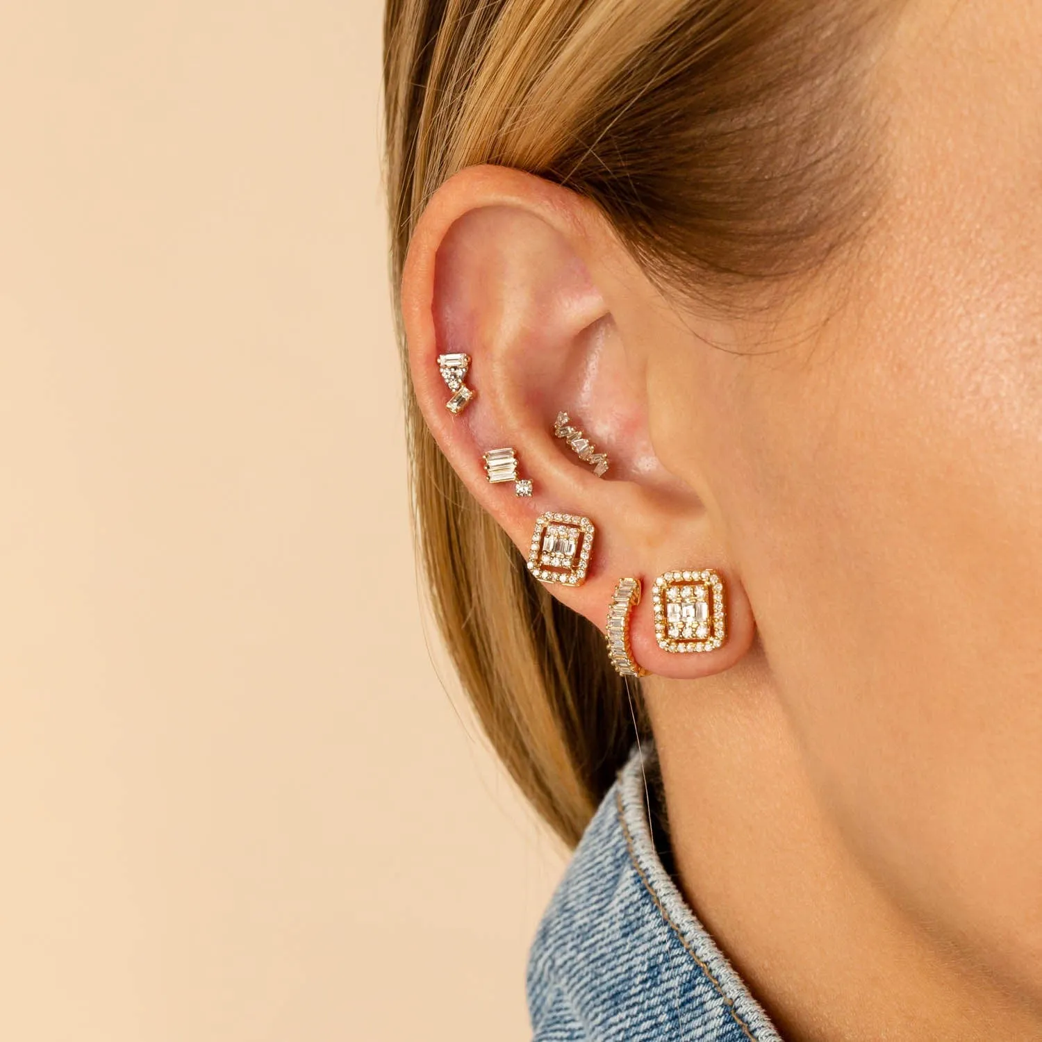 Tiny Diamond Baguette Stud Earring 14K