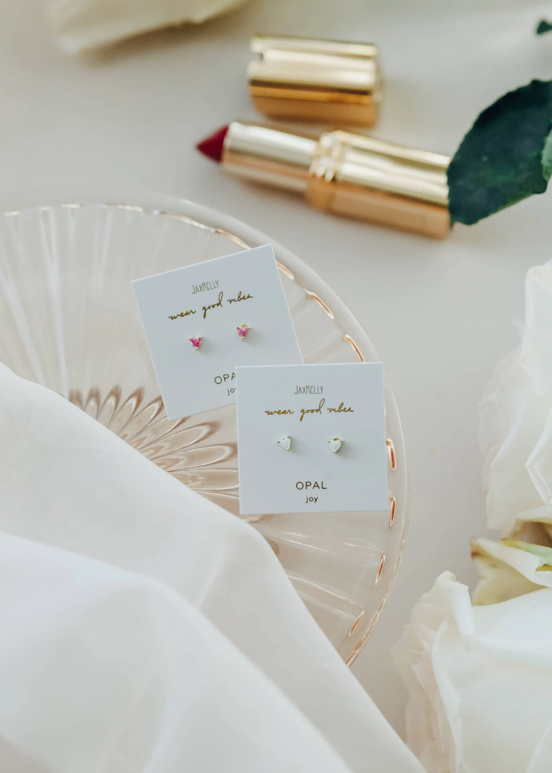 Tiny White Opal Heart Earrings