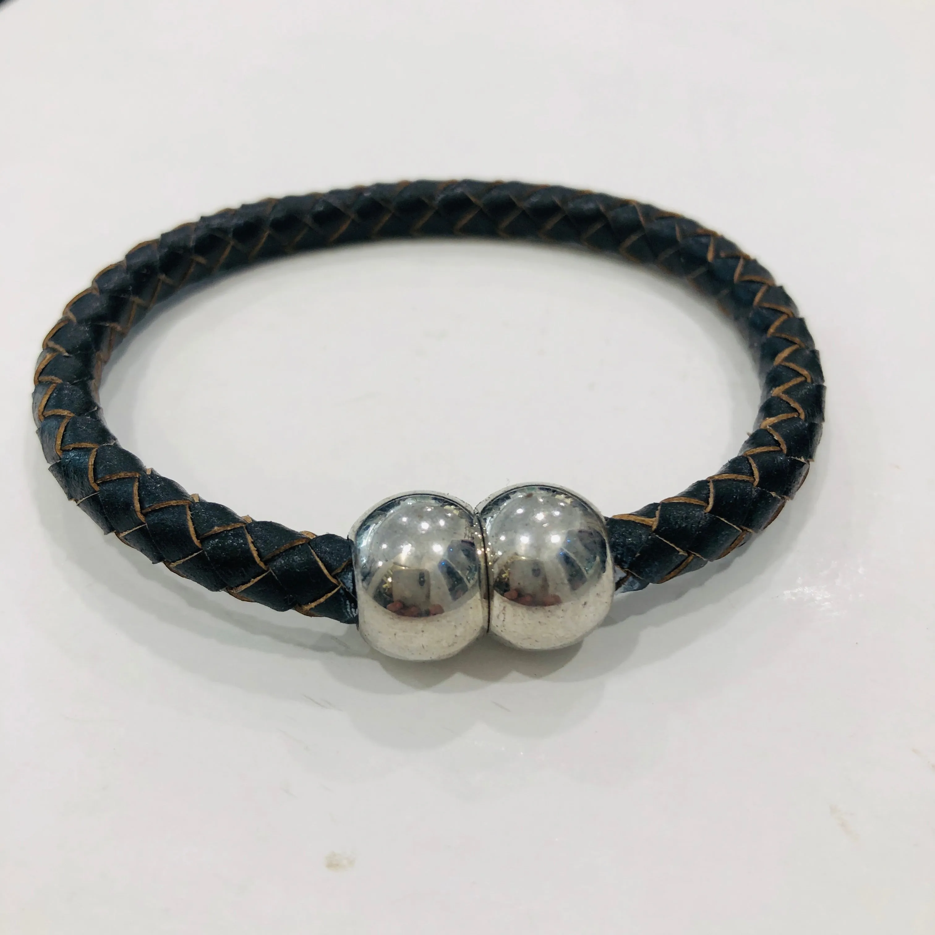 TM. Leather Plait Two Ball Bracelet