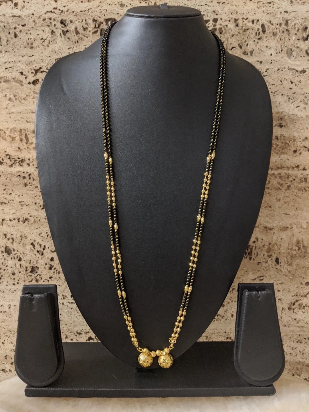 Traditional Marathi Style Artificial Gold Long Vati Mangalsutra Designs Double Black Beads Chain