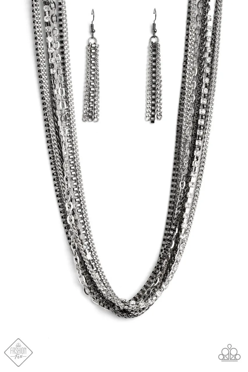 Troublemaker Trove - Black - Gunmetal and Silver Chains White Rhinestone Paparazzi Short Necklace - November 2022 Magnificent Musings