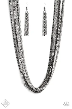 Troublemaker Trove - Black - Gunmetal and Silver Chains White Rhinestone Paparazzi Short Necklace - November 2022 Magnificent Musings