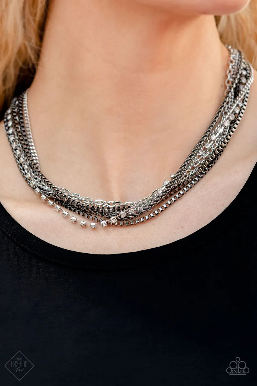 Troublemaker Trove - Black - Gunmetal and Silver Chains White Rhinestone Paparazzi Short Necklace - November 2022 Magnificent Musings