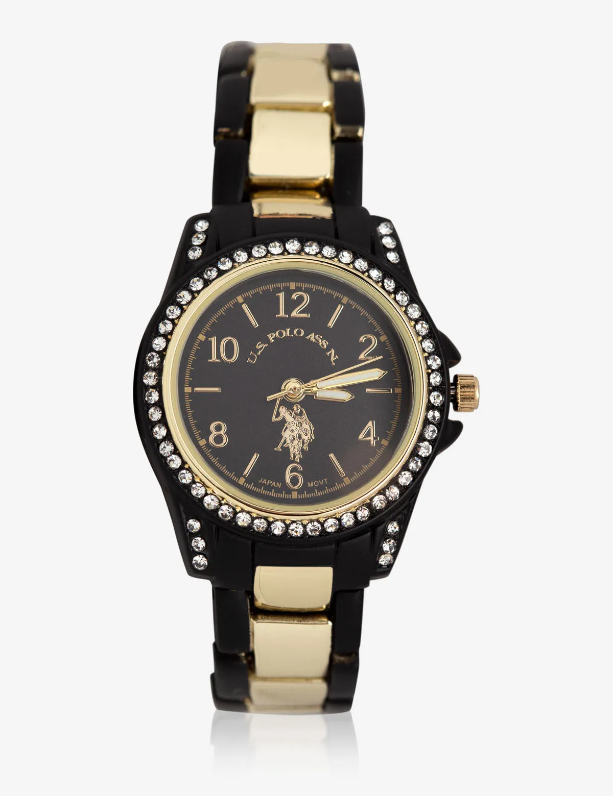 USPA WOMEN'S RHINESTONE, BLACK & GOLD TONE WATCH