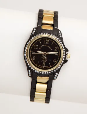 USPA WOMEN'S RHINESTONE, BLACK & GOLD TONE WATCH