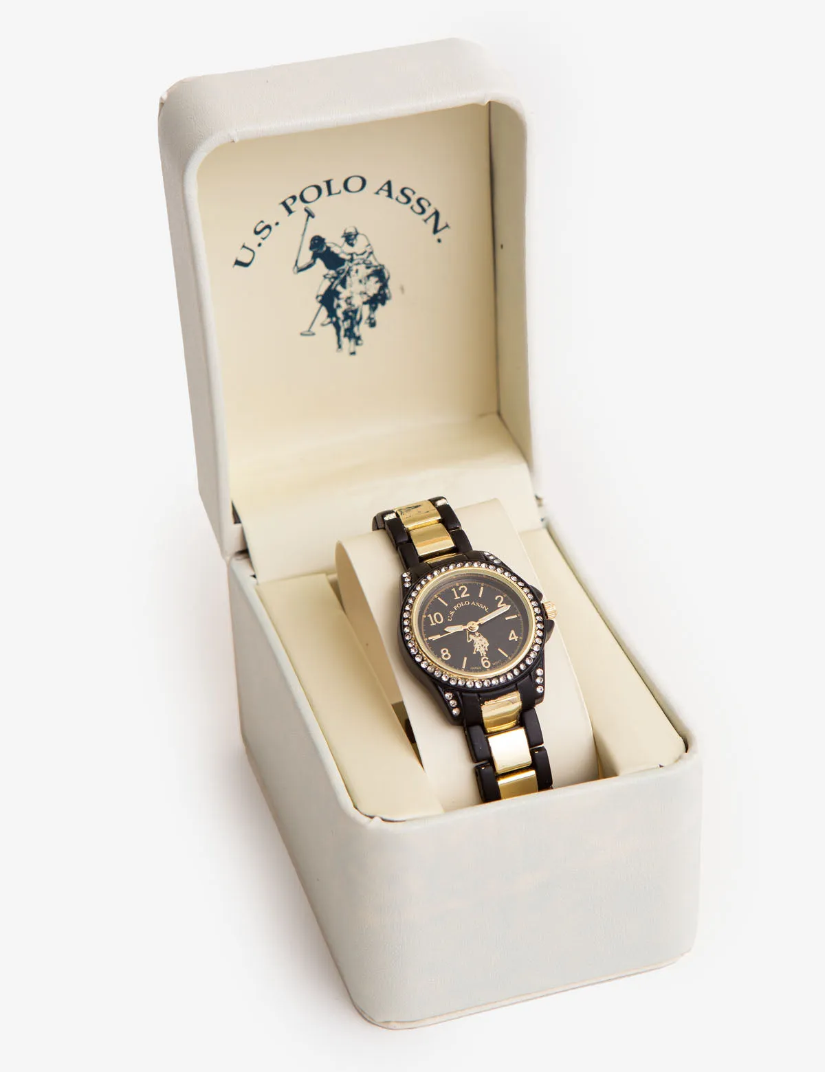 USPA WOMEN'S RHINESTONE, BLACK & GOLD TONE WATCH