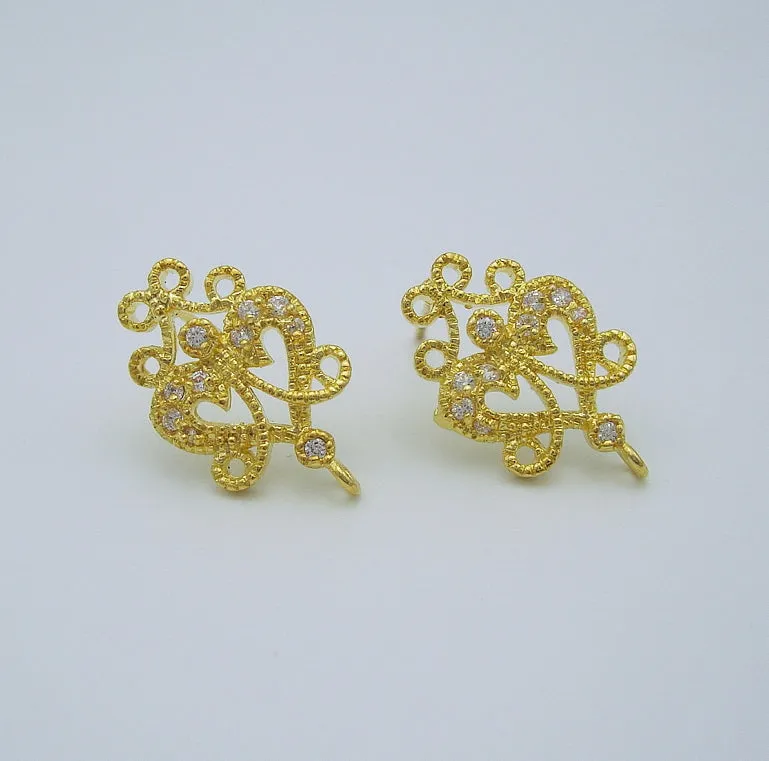Victorian Style Gold Plated Brass Stud Earrings CZ Cubic Zirconia Filigree Post