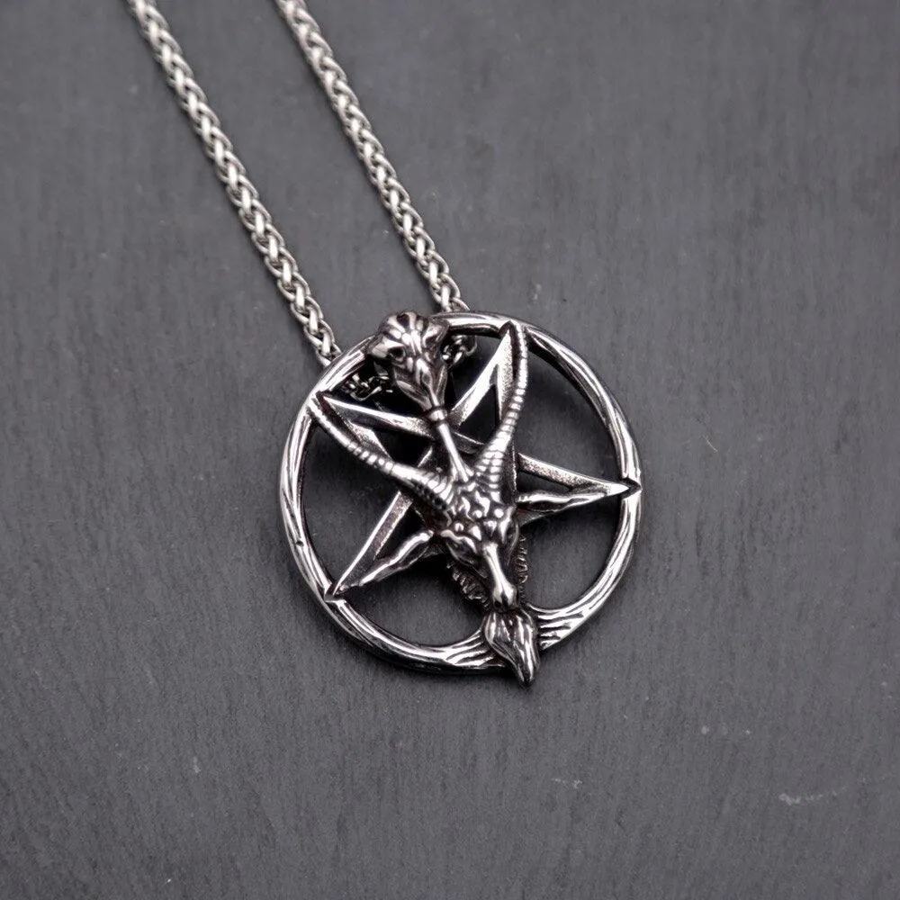 Vintage Inverted Pentagram Satan Goat Stainless Steel Baphomet Necklace Pendant