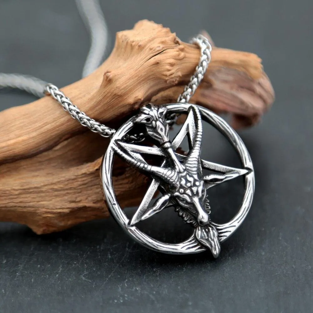 Vintage Inverted Pentagram Satan Goat Stainless Steel Baphomet Necklace Pendant