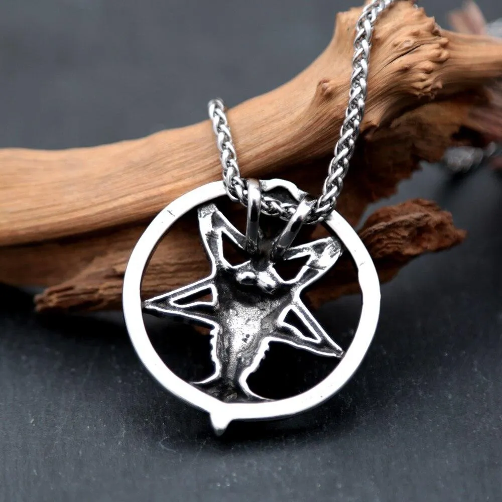 Vintage Inverted Pentagram Satan Goat Stainless Steel Baphomet Necklace Pendant