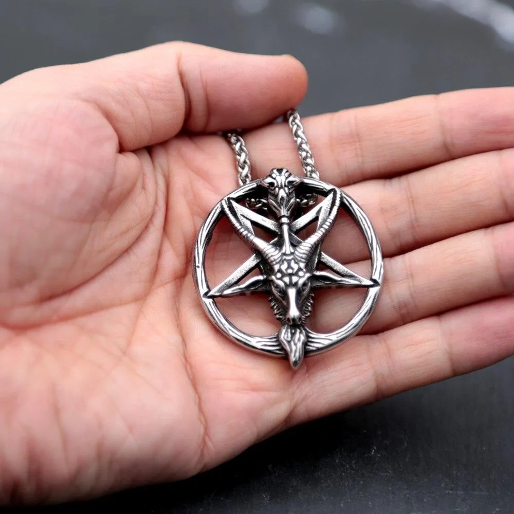 Vintage Inverted Pentagram Satan Goat Stainless Steel Baphomet Necklace Pendant