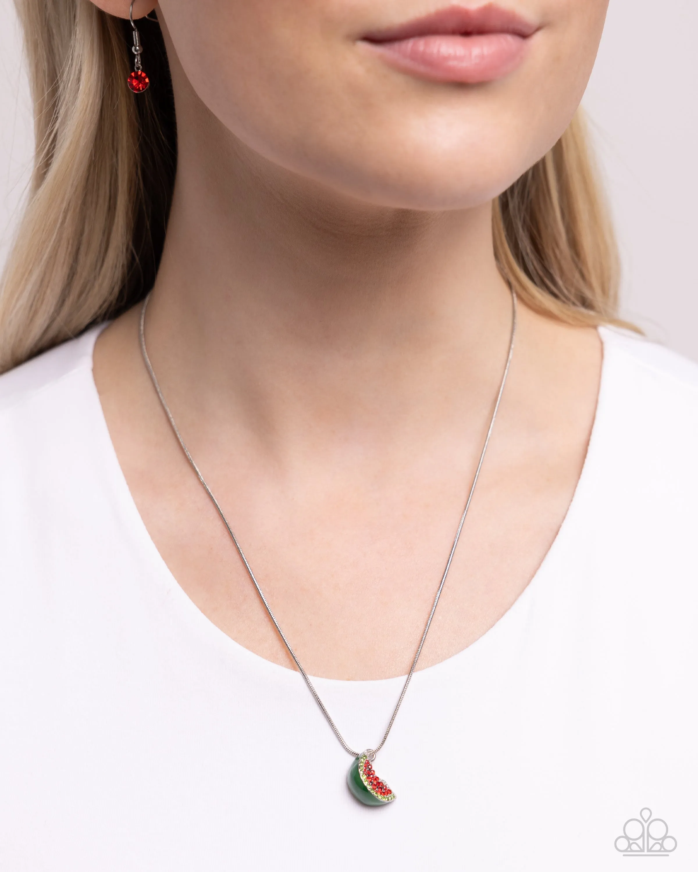 Watermelon Wardrobe - Red - Rhinestone Fruit Paparazzi Short Necklace