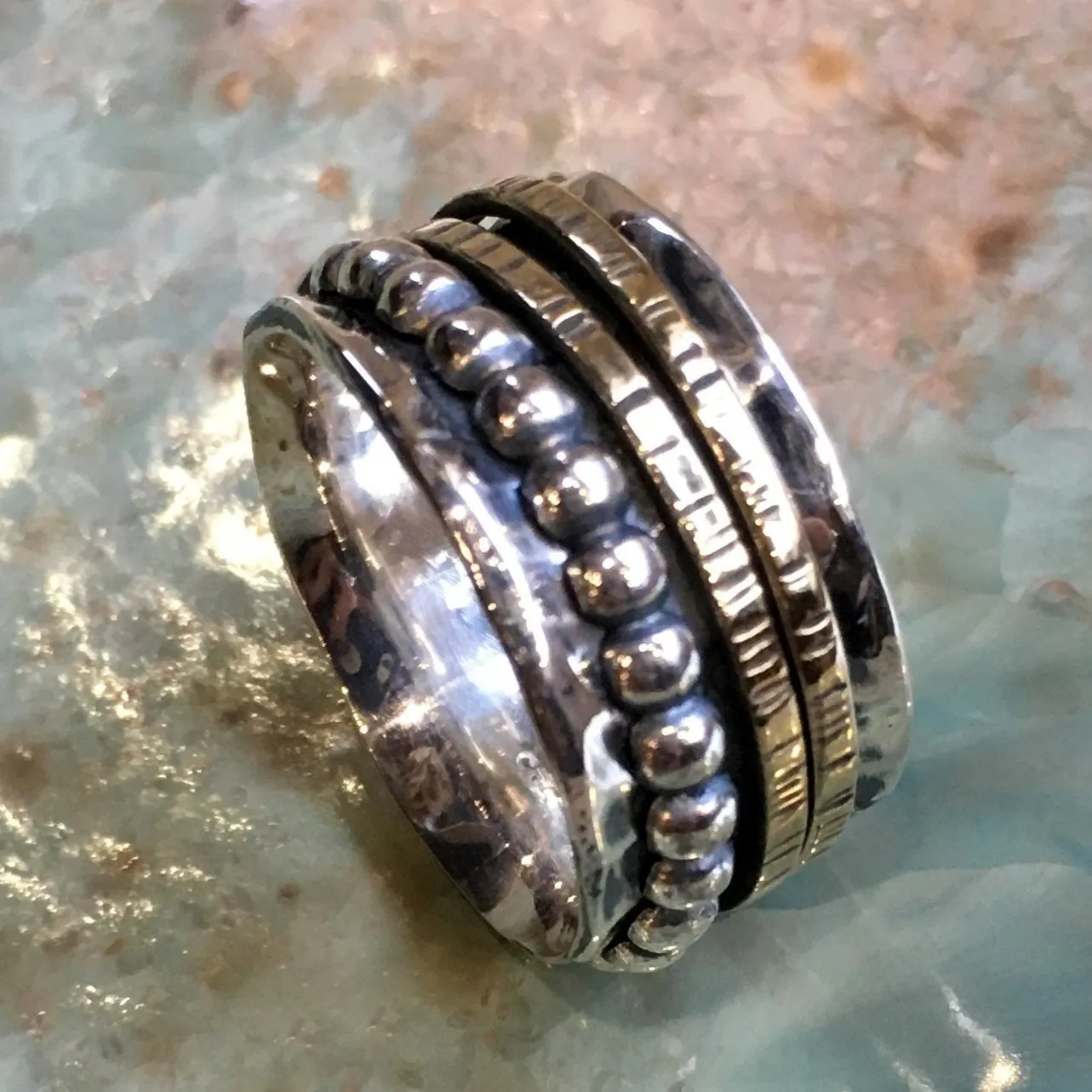 Wedding band, Sterling silver Brass ring, spinners ring, wide silver band, meditation ring, fidget ring, simple band - Simply us R2450
