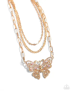 Winged Wonder - Gold - Oversized Butterfly Iridescent Rhinestone Tiered Paparazzi Short Necklace