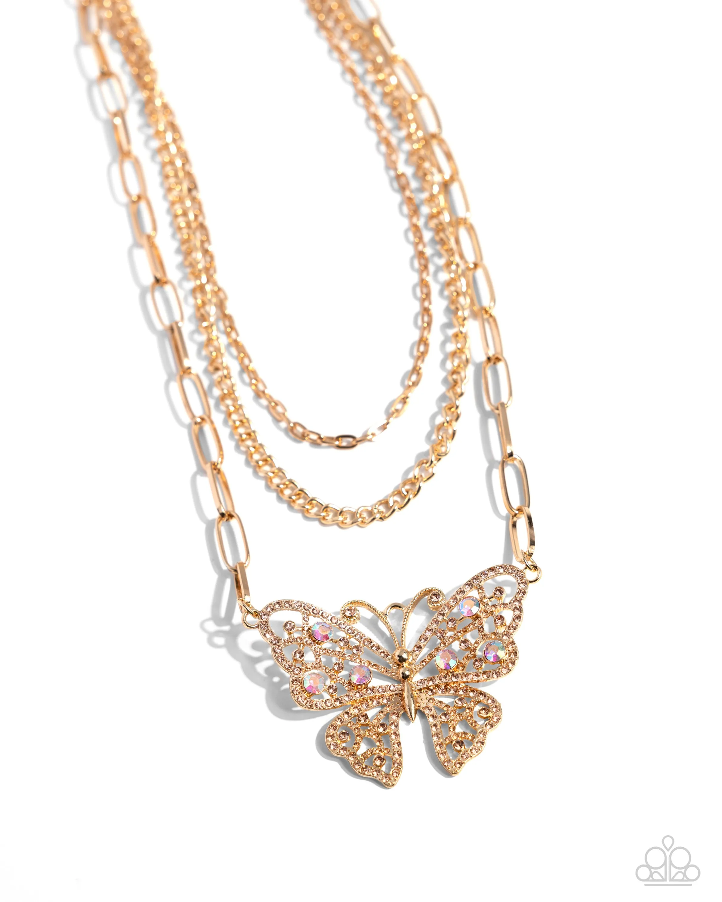 Winged Wonder - Gold - Oversized Butterfly Iridescent Rhinestone Tiered Paparazzi Short Necklace