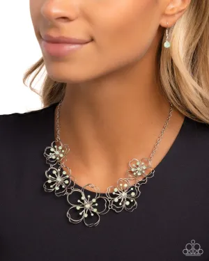 Wiry Wallflowers - Green - Opalescent Rhinestone Center Silver Wire Flower Paparazzi Short Necklace