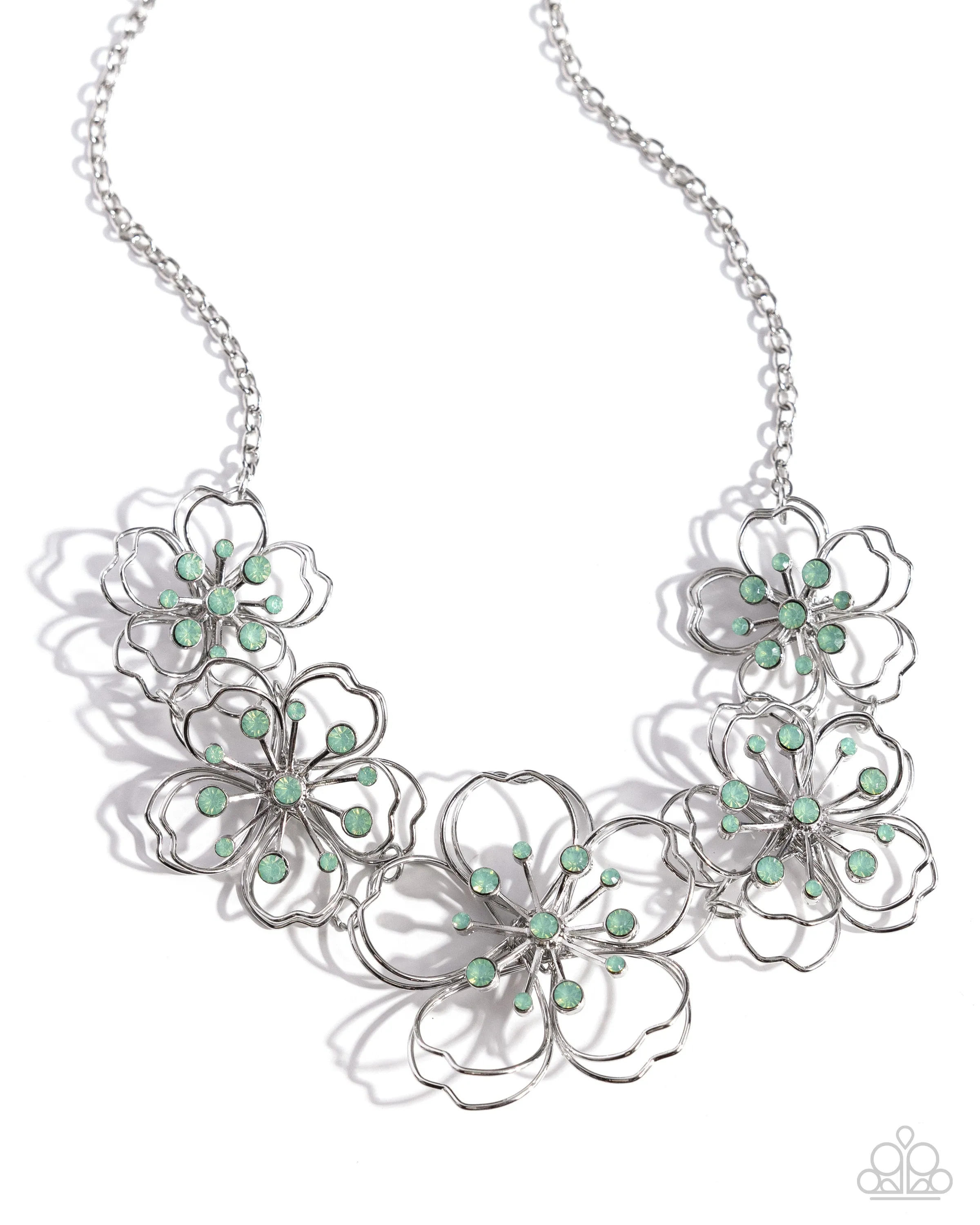 Wiry Wallflowers - Green - Opalescent Rhinestone Center Silver Wire Flower Paparazzi Short Necklace
