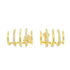 Yellow Gold Plated Multi Vertical Bar and Cubic Zirconia Stud Earrings